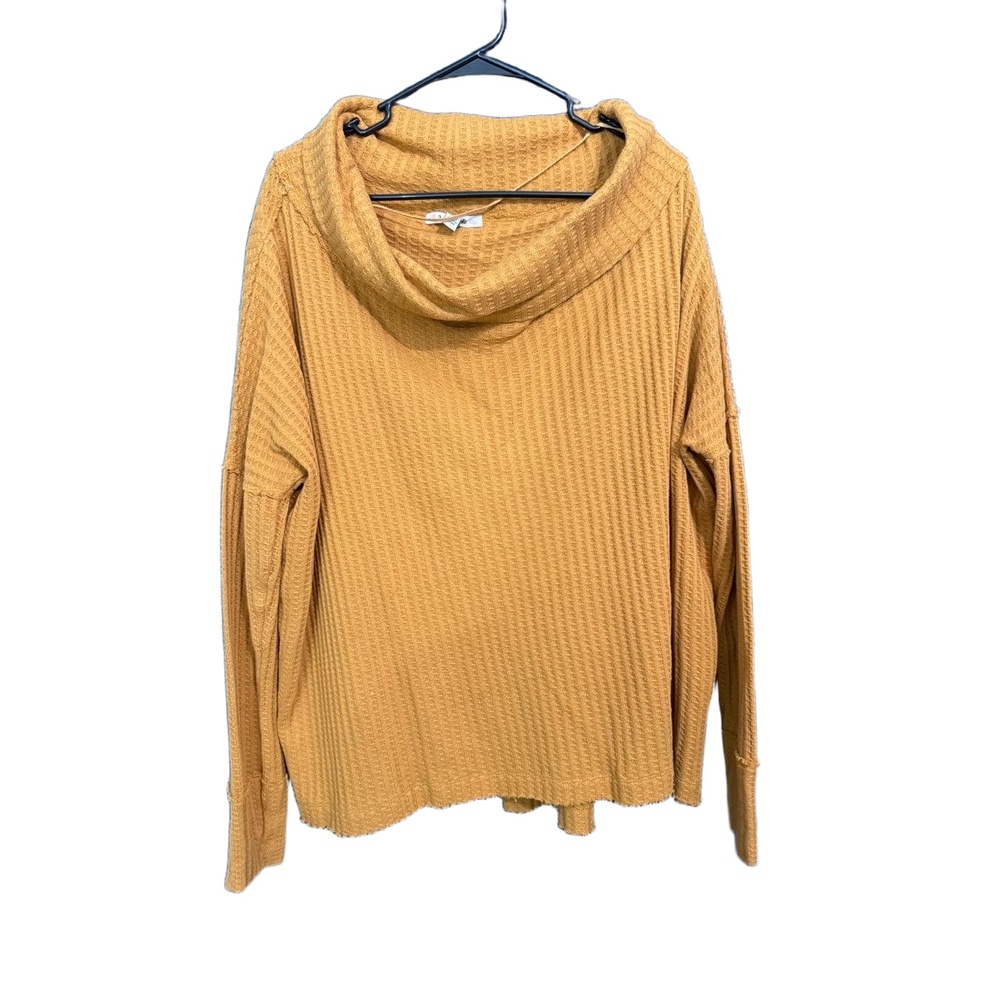 Free People  Top Womens Medium Mustard Yellow Waffle Knit Raw Hem Cowl Neck Cozy - Picture 2 of 11